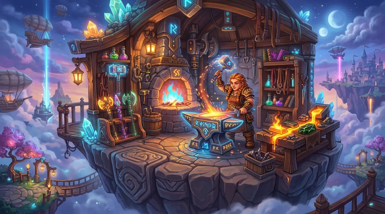 A floating forge island at twilight, glowing ingots cooling on a rune-carved anvil