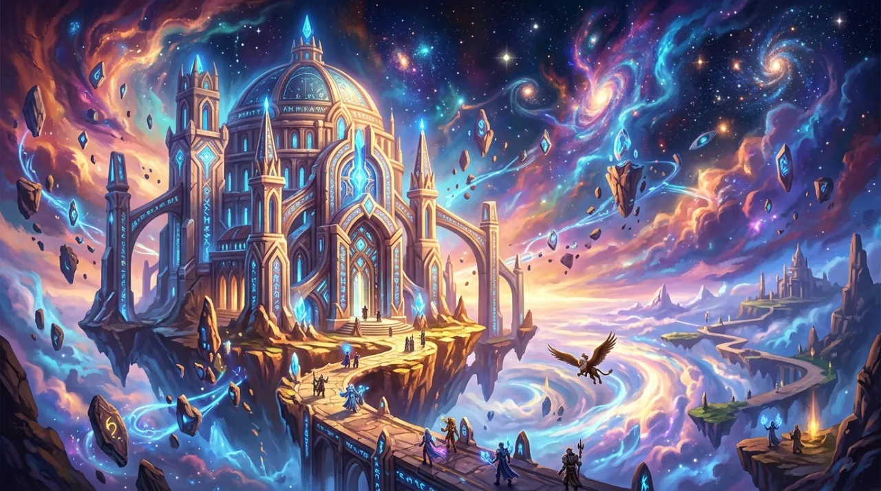 A rune-lit citadel on a floating crag beneath a nebula sky, glyph-stones drifting around it